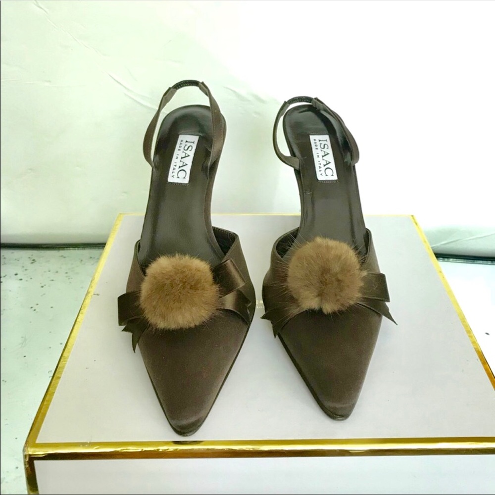 ISAAC brown satin & rabit fur sling back heels 8